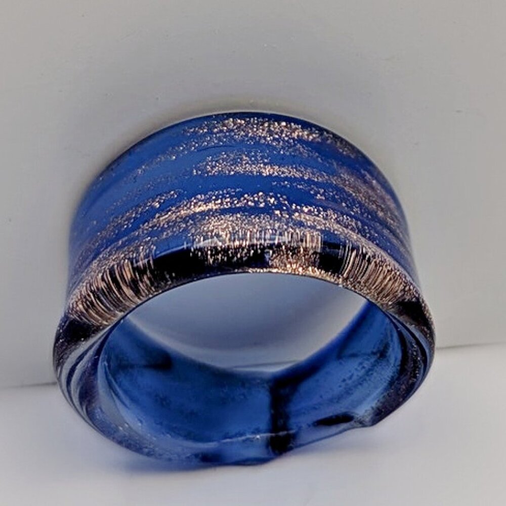 Blue and Gold Wide Band Ring – Artistic Blue Ring - Glossy Modern Statement Ring